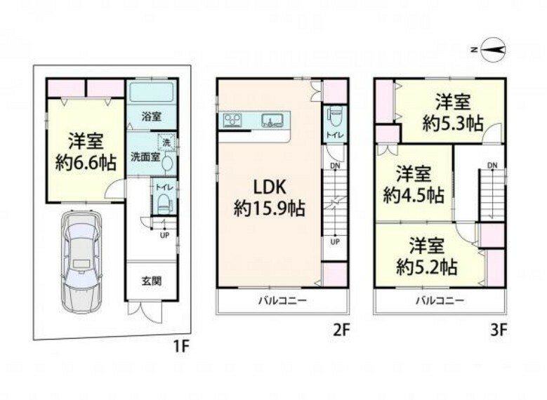 間取り図 車庫付き3階建て、4LDKの建物間取り図。