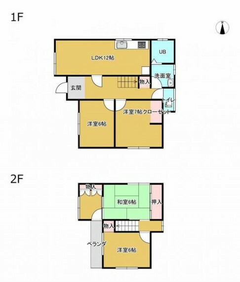 間取り図 【間取図】1階に洋室2部屋、2階には洋室と和室がそれぞれ1部屋ずつございます。4LDKの2階建て戸建てになります。