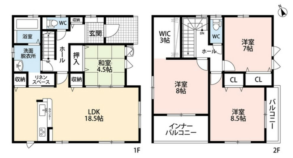 間取り図 LDKと和室を合わせると22.5帖の大空間となります。シューズインクローゼット、LDK、洗面所、2階廊下にも収納付き、2階には納戸もありたっぷりの収納。2階は全居室6帖以上。