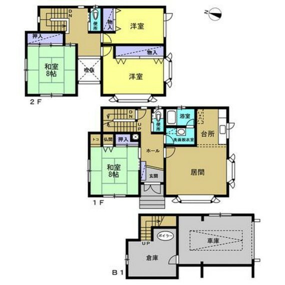 間取り図 【リフォーム済】4LDKの住宅、1階部分は物置スペース、バイクガレージとして利用できるスペースがあります。内階段で2階へそのまま出入りできます。