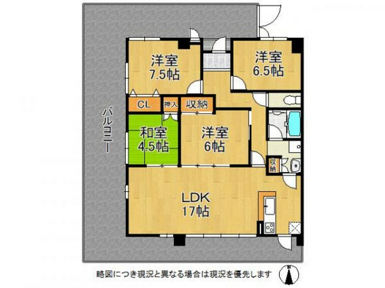 間取り図 LDK＋和室の大空間は開放感もあり、開け放つとワンルームのように使えます