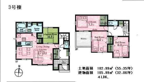 間取り図 3号棟間取り図　敷地182.99平米、建物4LDK余裕の敷地です。 2399万円