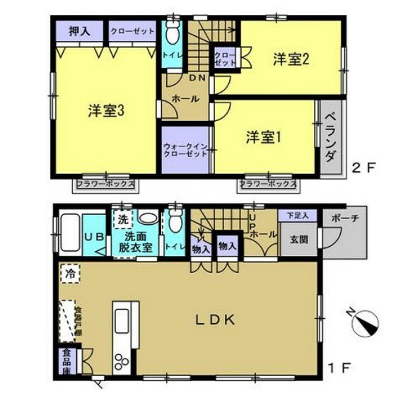 間取り図 【間取図】1階は約20帖の広々リビング、2階は居室が3部屋ありご家族世帯向けの間取りです。
