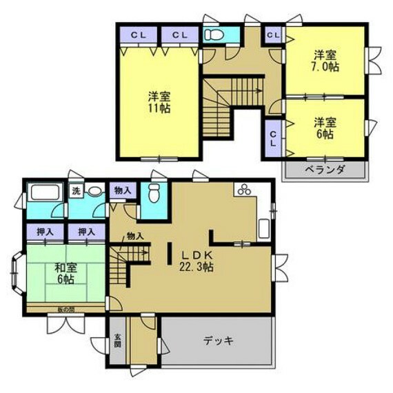 間取り図 【間取り】1階和室1部屋、2階洋室3部屋の間取りです。2Fにもトイレがあるので夜中1Fまで行かなくてもよいので、便利ですね。