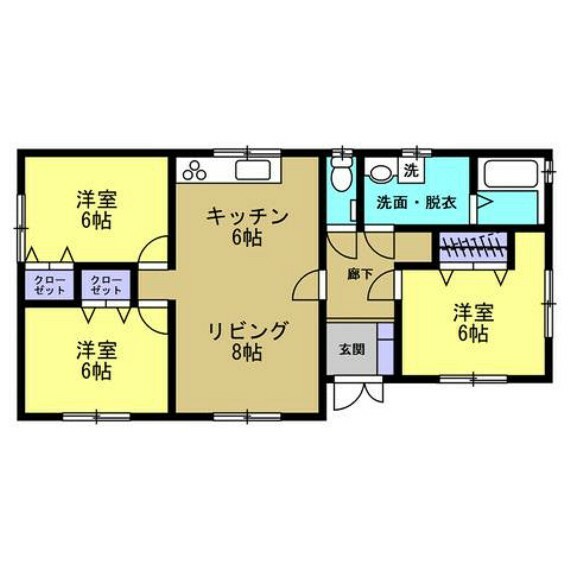 間取り図 3LDK平屋のおうちです。全室クロス貼り替え予定。各居室、キッチン、階段天井に火災警報器を設置します。
