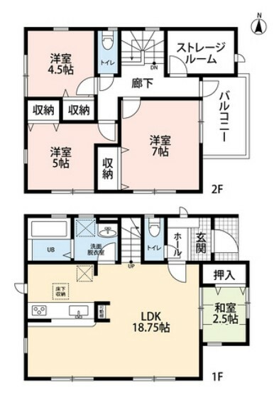 間取り図 リビングは隣にある和室を合わせると20帖以上の開放感あふれる空間です。2階は洋室が3部屋あるので、お子様が大きくなっても安心ですね。