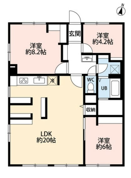 間取り図 LDKは20帖の広さ。キチン回りの収納やデスクは、家事やテレワークなど幅広く活用できそうです。お子様が大きくなっても独立したお部屋を用意できる3LDKです＾＾