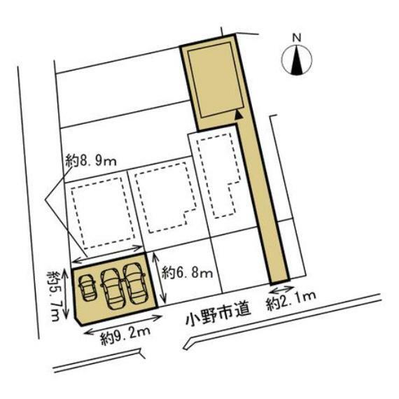 区画図 【敷地図】旗竿地ですが、本物件近隣（距離約15m）に別途土地69.76平米（間口約9.2m、奥行き約6.8m）があり、駐車場として使用できます。普通車2台がゆったり駐車できるスペースですので来客時も安心ですね