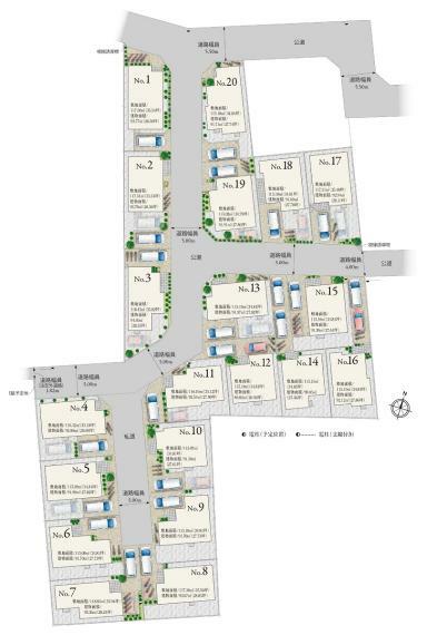 区画図 【区画図】 115～118m2台のゆとりある敷地・配棟計画の、美しく整えられた全20邸の街並み。南向きや角立地など、様々な立地条件に合わせ、デザインやプランをアレンジしています。