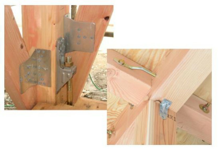 ホールダウン金物:基礎と柱を強固に連結して建物の強度を高めます。羽子板金物:柱と横材の連結に使用します。地震や台風時などに梁などが外れてしまうことを防ぐ重要な金物です。