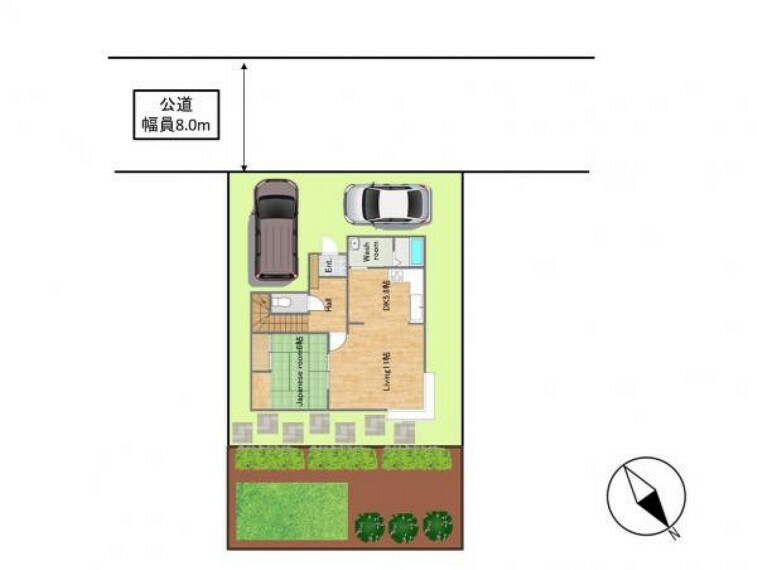 区画図 【敷地配置図】リフォーム後の予定敷地配置図です。北東道路側に二台分の駐車スペース、南西側敷地にはお庭スペースもあるゆったりとした敷地です。戸建らしい生活ができるのが魅力です。