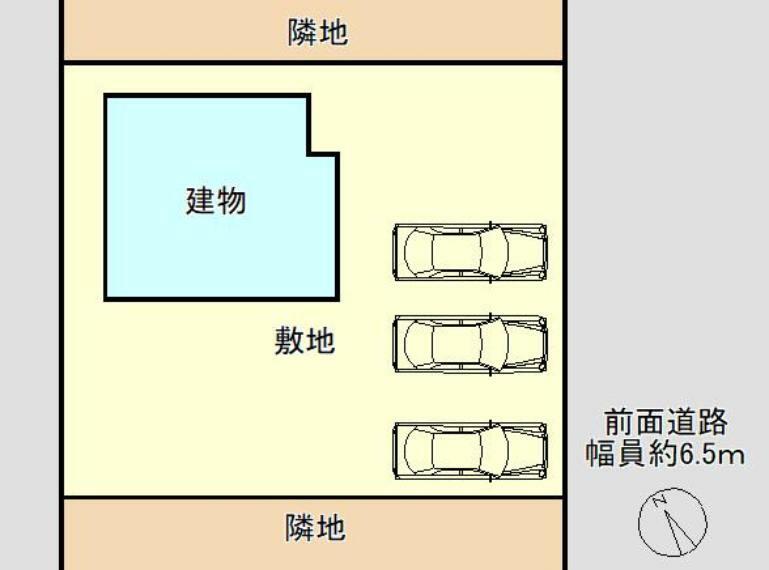 【配置図】並列で3台駐車可能。南側にお庭があります。前面道路も6.5mと広くお車が止めやすいです。