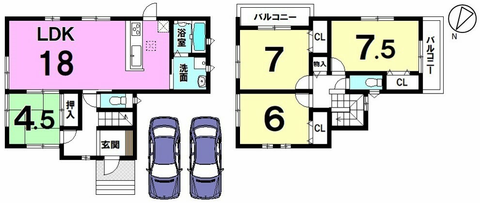 間取り図 リビングと和室を合わせると22.5帖の大きなスペース。ご家族の団欒に十分ですね。 前面道路が約6.25mあり、大型車で出し入れがスムーズです。駐車2台可能！