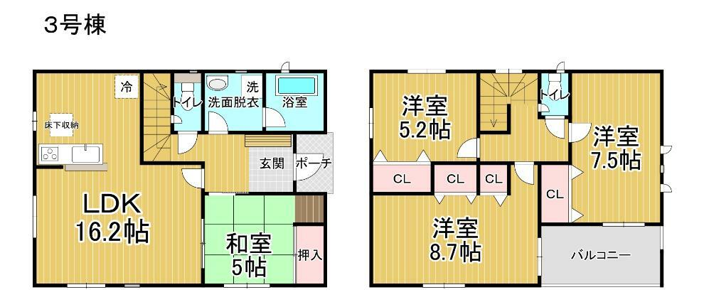 間取り図 3号棟:玄関から和室が近いので急な来客も安心ですね。全居室収納完備だから収納に困りませんね。