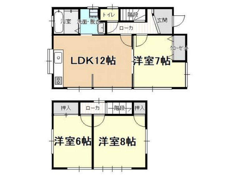 間取り図 間取図です。3LDK。1階に洋室1部屋、2階に洋室2部屋。採光は全室南向き。