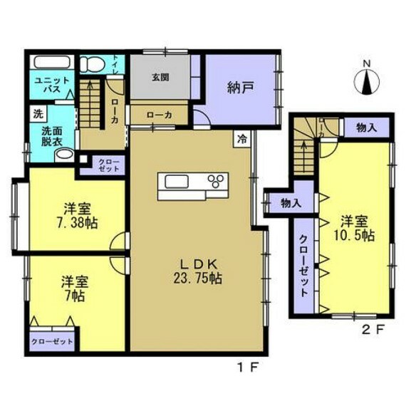 間取り図 【リフォーム後】間取りは3SLDKの二階建てです。1階に洋室2部屋とキッチン、2階は10.5帖の洋室1部屋となっております。