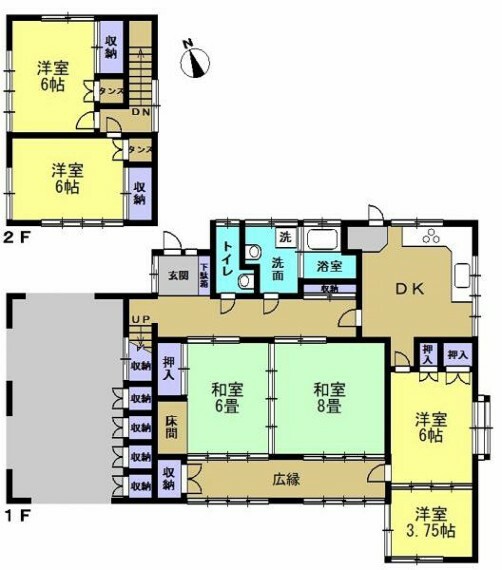間取り図 リフォーム前の間取です。木造瓦葺・建物面積125.17平米（37.8坪）・6DK・2階建の建物です。DKと洋室をLDKにして4LDKの間取にします。和室1部屋を洋室にします。。
