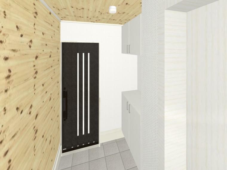 完成予想図（内観） （2号地）玄関の壁・天井にも贅沢に無垢材を施工。木は調湿効果や消臭効果があるとされており、湿気やにおいがこもりやすい玄関を快適に保つお手伝いをしてくれます。