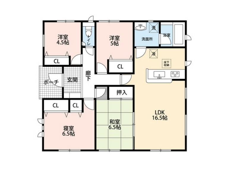 間取り図 全居室収納完備。リビングと隣接する和室を合わせると23帖の大空間です＾＾平屋住宅なので生活動線がスムーズです＾＾