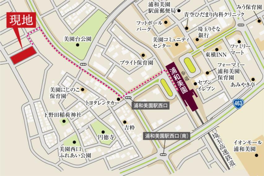 区画図 周辺拡大図浦和美園駅へ徒歩7分。駅までは整備された歩道が続き、安全に配慮されています。