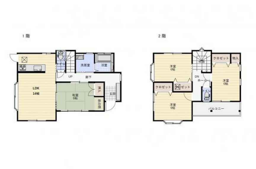 間取り図 【リフォーム中】広さ14帖のLDKは対面キッチン式です。居室は全て6帖以上の4LDK住宅です。
