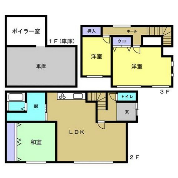 間取り図 【リフォーム前間取図】1階車庫、2階1部屋の3階2部屋の3LDK住宅です。水廻りは全て交換致します。