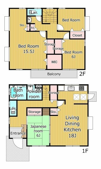 間取り図 ゆったりとした4LDKの間取りです　LDKはやく18帖！2階主寝室は約15.5帖＋WIC＋収納！そのほかのお部屋にも収納があります　