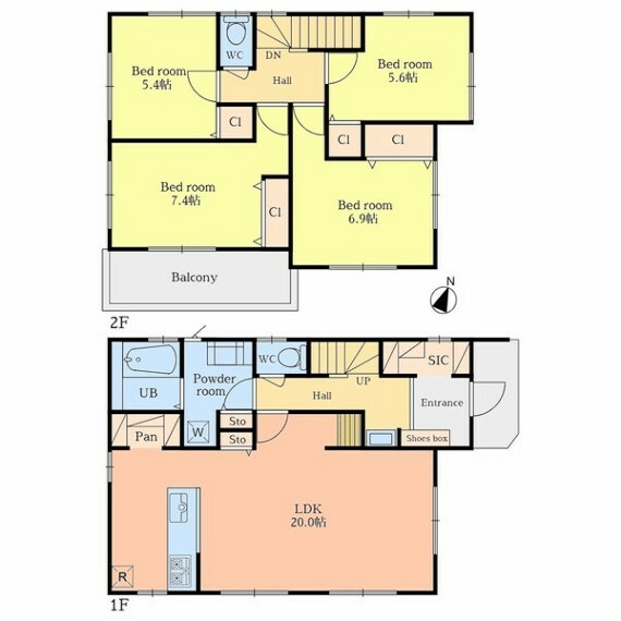 間取り図・図面 建物価格:1830万円・建物面積:107.23平米 ゆとりある20帖のLDKと全居室クローゼット付きの洋室が4部屋の参考プラン。SICやパントリーがあるので整理整頓に便利です。