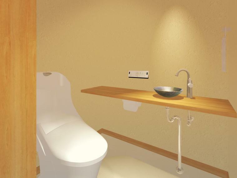 トイレ 2階トイレ カフェのパウダールームのような素敵なカウンターがついています。 お掃除簡単、しっかり節水の多機能トイレです。 ［完成イメージ図］