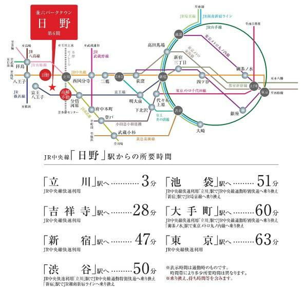 【交通アクセス図】 JR「日野」駅と京王線「高幡不動」駅の2路線2駅が利用可能です。「日野」駅からは都心まで1時間ほどで行けるので、お出かけや通勤にも便利な立地です。