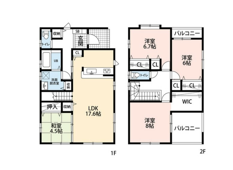 間取り図 2階全居室6帖以上で広々とした居室空間となっております。 2面バルコニー付きで洗濯物もたくさん干せます。