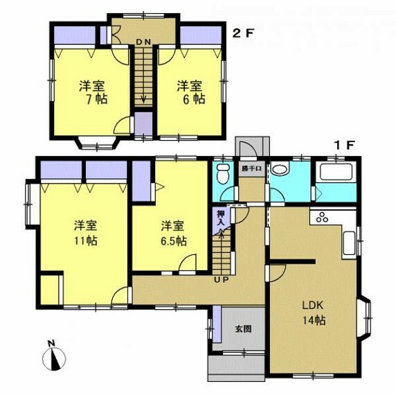 間取り図 【リフォーム後間取図】4LDKの3～5人家族におすすめの住宅です。1、2階共に2部屋ずつ居室がありますので、お子さんの個室や趣味のお部屋等設けることができますね。