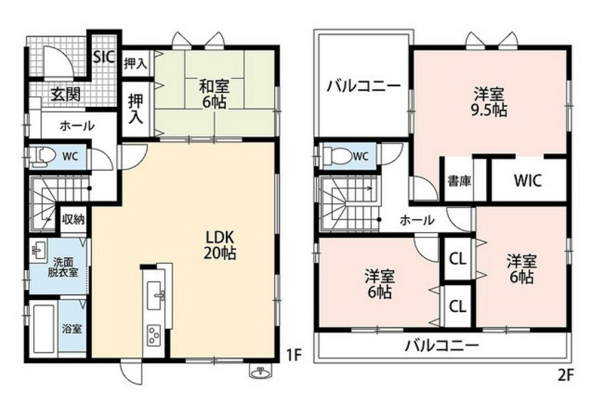 間取り図 LDK広々20帖、隣接する和室も6帖とゆとりがあります＾＾2階も全居室6帖以上。主寝室にはスタディカウンター付です＾＾