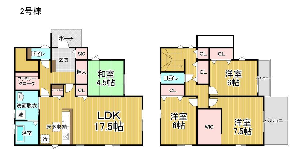 間取り図 2号棟:ファミリークロークがあるので家事動線が効率的になりそう！洋室は6帖以上だからベッドを置いても余裕の広さですね。