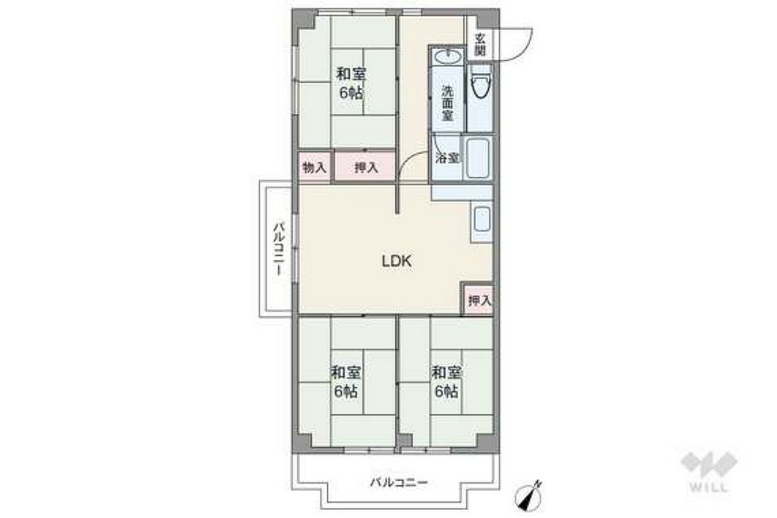 間取り図 間取りは専有面積58.1平米の3DK。2面にバルコニーが付いたセンターリビングのプラン。LDKと和室2部屋が続き間で、生活シーンに合わせてフレキシブルに使えます。