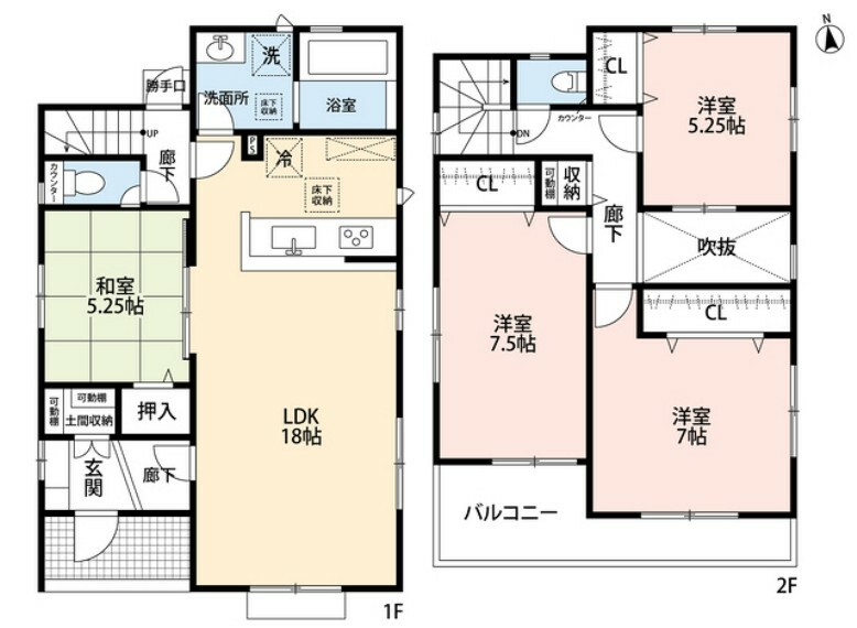 間取り図 LDKと和室を合わせると23帖以上の大空間となります。2階は洋室が3部屋あるので、お子様が大きくなっても安心ですね＾＾吹抜と折上天井で開放感溢れるおしゃれな住宅です＾＾