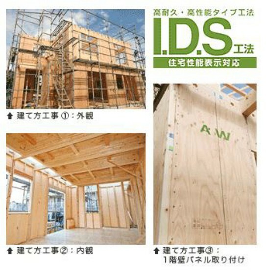 構造・工法・仕様 I.D.S工法は木造軸組工法の設計自由度と構造用合板パネル工法の耐震性の高さをあわせもった工法です。外壁、1・2階床組、屋根を構造用合板で一体化させ、高い耐震性を実現させています。