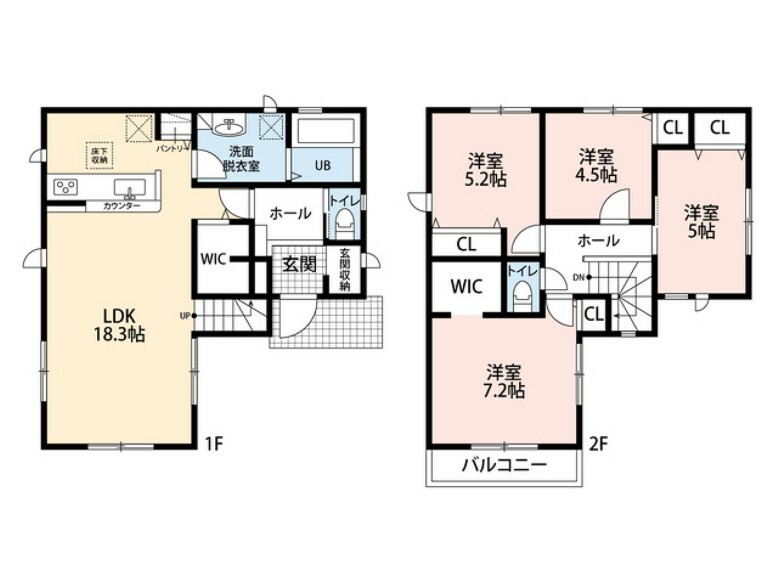 間取り図 LDK広々18帖以上＾＾リビング横にファミリークローク付きで収納に便利です。2階は洋室が4部屋あるので、お子様が大きくなっても安心ですね＾＾