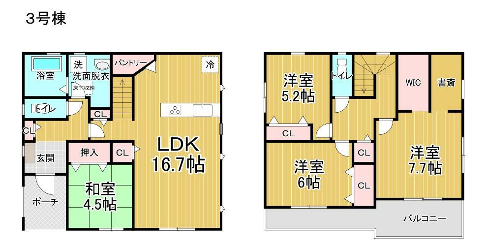 間取り図 3号棟:キッチンにはパントリー、2階にはWICや書斎付きでワークスペースとしても！リビング階段で家族とのコミュニケーションも増えそうですね！