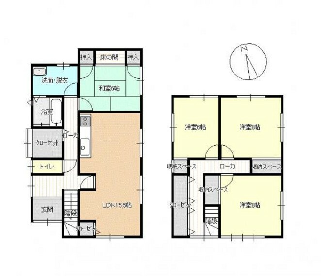 間取り図 【リフォーム中】 間取りは4LDKの二階建てです。 1階に和室1部屋、LDK、2階は洋室3部屋となっております。 各部屋に収納があるので、部屋を広く使える間取りになっています。