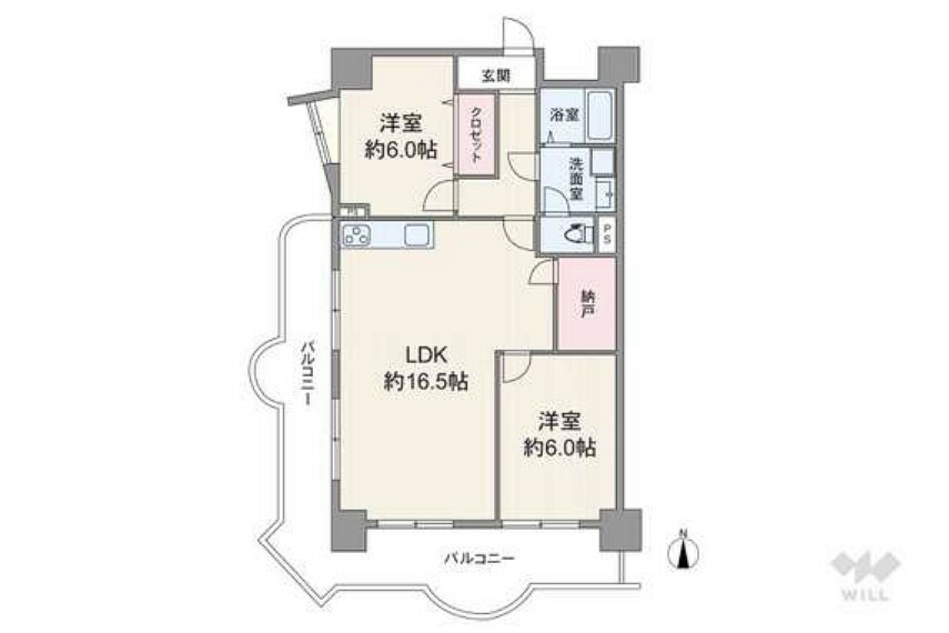 間取り図 間取りは専有面積63.63平米の2LDK。L字型バルコニーで開放感のあるプラン。個室は2部屋とも6帖の洋室です。