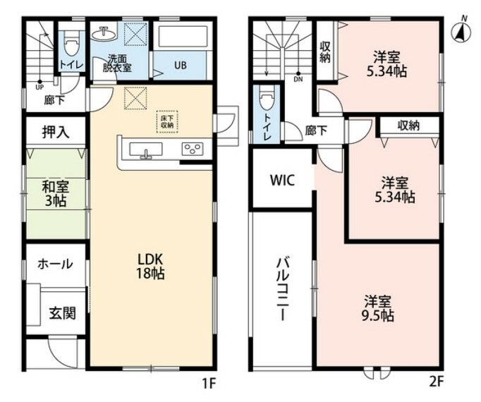 間取り図 LDKと和室を合わせると21帖の大空間となります。北側に水回りが集まっている間取り。2階は洋室が3部屋あるので、お子様が大きくなっても安心ですね。