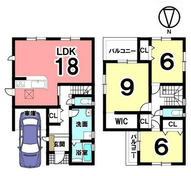 間取り図 LDK18帖！南向きの大きなお部屋でおくつろぎ下さい。全室6帖以上の広さを確保。玄関からすぐに洗面へ入れる便利な間取りです