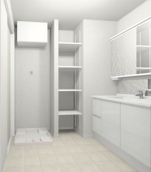 洗面化粧台 【洗面室】（イメージパース）　収納に便利な吊戸棚や可動棚があります。