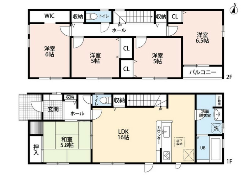 間取り図 LDKと和室を合わせると21.8帖の大空間となります。全室南向きで日当たり、通風良好＾＾2階は洋室が4部屋あるので、お子様が大きくなっても安心ですね＾＾