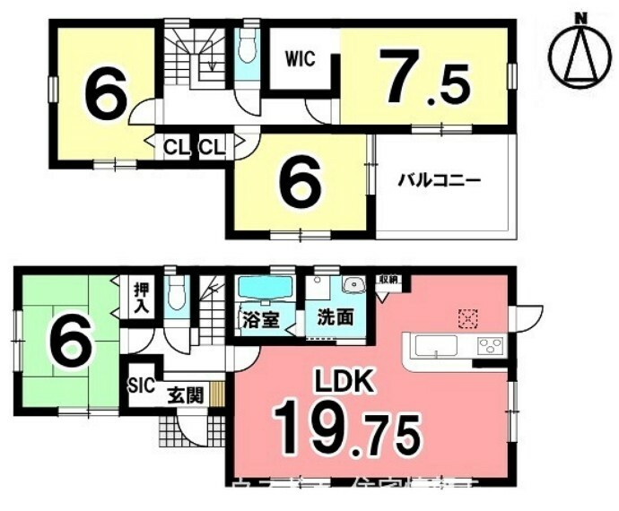 間取り図 19.75帖の大きなLDK！建売住宅ではなかなか無い広さです。和室が独立しており、早朝や深夜でも気兼ねなくキッチンをお使い頂けます