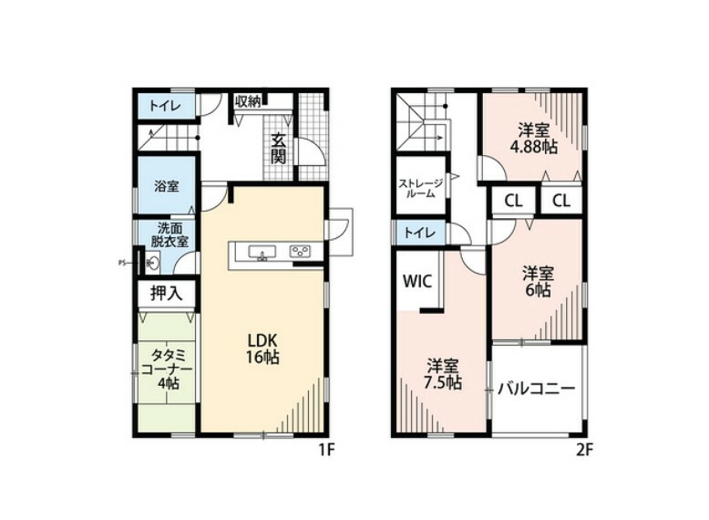 間取り図 3LDKにたたみコーナー、ストレージルーム付きでゆとりのある暮らしが実現。2階は洋室が3部屋あるので、お子様が大きくなっても安心ですね＾＾
