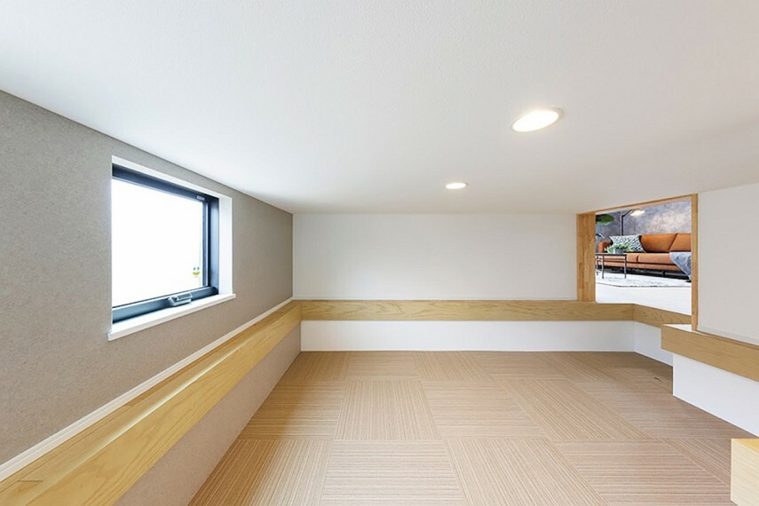 モデルハウス14号棟  リビングから2ステップ下がった空間にDENをご用意しました。半個室の書斎スペースやお子様のプレイルームに用途多用です。（2022年5月撮影）