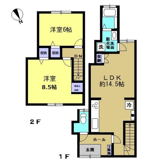 間取り図 リフォーム後の間取図です。2LDKの2階建てです。LDKを新設しました。ややコンパクトな建物ですが、少人数の家族にぴったりですね。各部屋に収納がついているのでお部屋がすっきり片付きます。