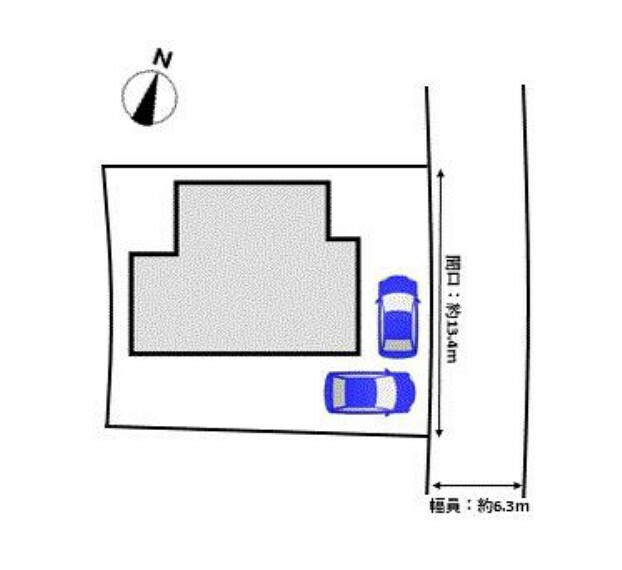 区画図 【リフォーム中】 敷地図　お車はこのように並列と横付けで2台駐車可能に拡張します。 北東側の接道は幅員約6.3mで、交通量も少ないので駐車はラクに行えますよ。
